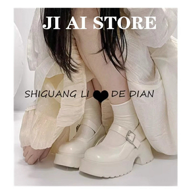 JK甜酷風真皮高跟瑪麗珍鞋女2024春秋新款白色小皮鞋法式粗跟單鞋-貼心家居