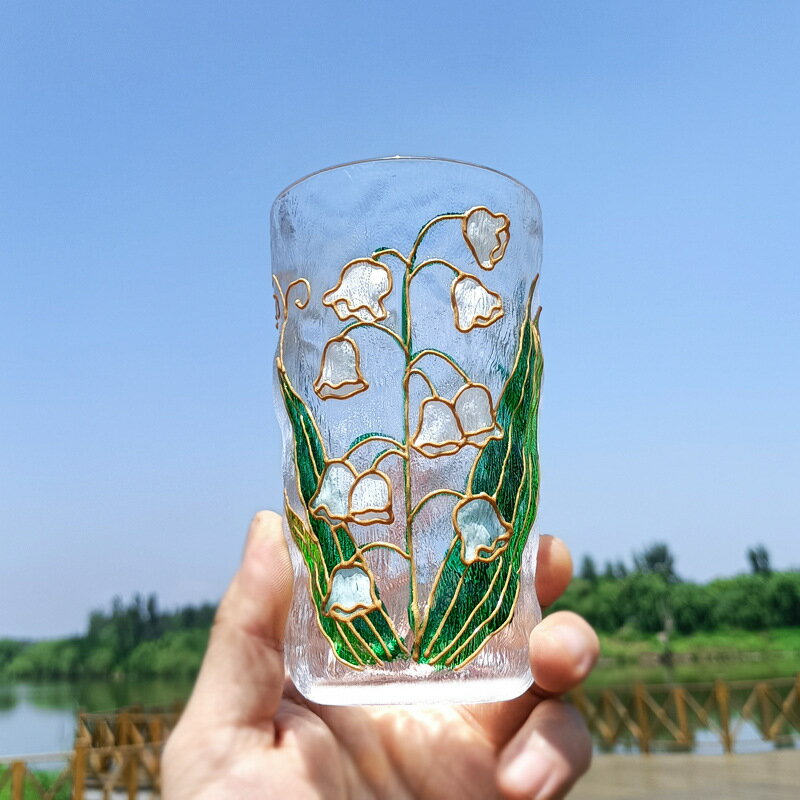 網紅手繪花卉玻璃杯日式水晶水杯家用少女心冰川啤酒杯ins風杯子