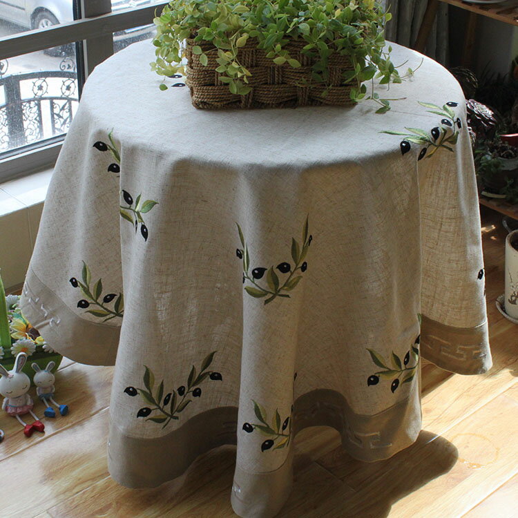 歐美式簡約花卉刺繡棉麻圓型餐桌布茶幾布裝飾巾防塵蓋布家用布藝