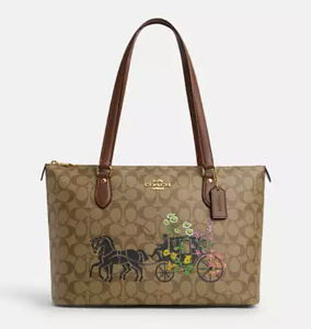 Outlet 春夏新品 COACH 馬車圖案托特包 Gallery Tote In Signature Canvas With Floral Horse And Carriage