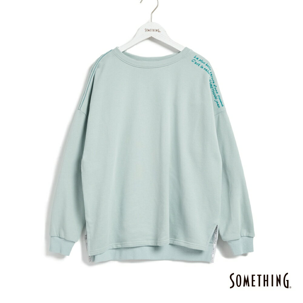 SOMETHING 女款 文字繡花厚長袖T恤 (灰綠色)
