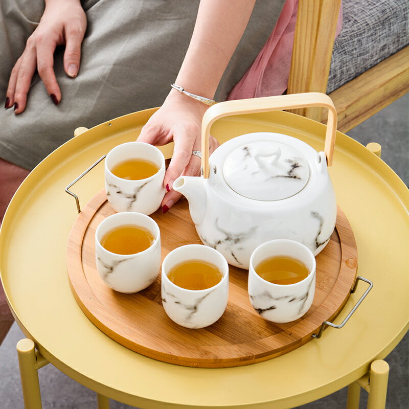 陶瓷冷水壺水杯套裝創意日式下午茶花茶壺客廳咖啡杯具帶竹托盤 居家擺件居家小物