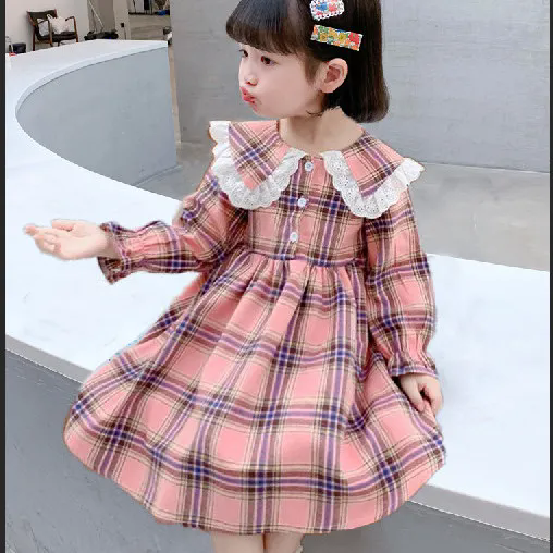 兒童洋裝 女童連身裙 寶寶格子裙 女娃娃領公主裙 長袖連身裙 女孩洋裝 兒童韓版裙 女生連身裙【不二雜貨】