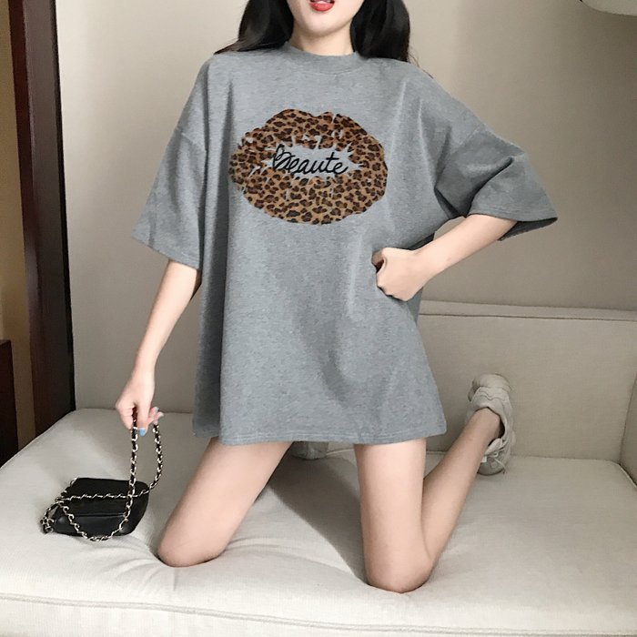 FINDSENSE G6 韓國潮流 2019 短袖T恤女報文嘴唇中長款打底衫寬鬆半袖上衣圓領T恤