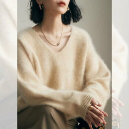 百搭★仿水貂絨v領針織毛衣(米白/紅/灰)