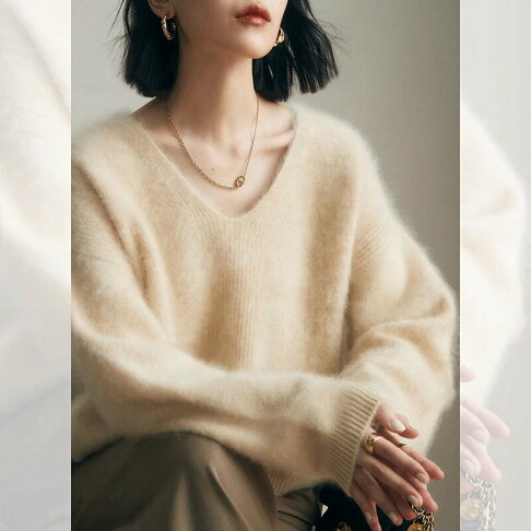 女裝 女上衣 女裝 衣服 毛衣 寬鬆上衣 高階感軟糯仿水貂絨v領毛衣女秋冬季時尚慵懶風奶fufu針織衫上衣 治裝激推 0