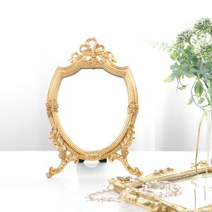 輕奢宮廷風復古法式雕花風鎏金鏤空蝴蝶結浮雕化妝鏡梳妝鏡擺件
