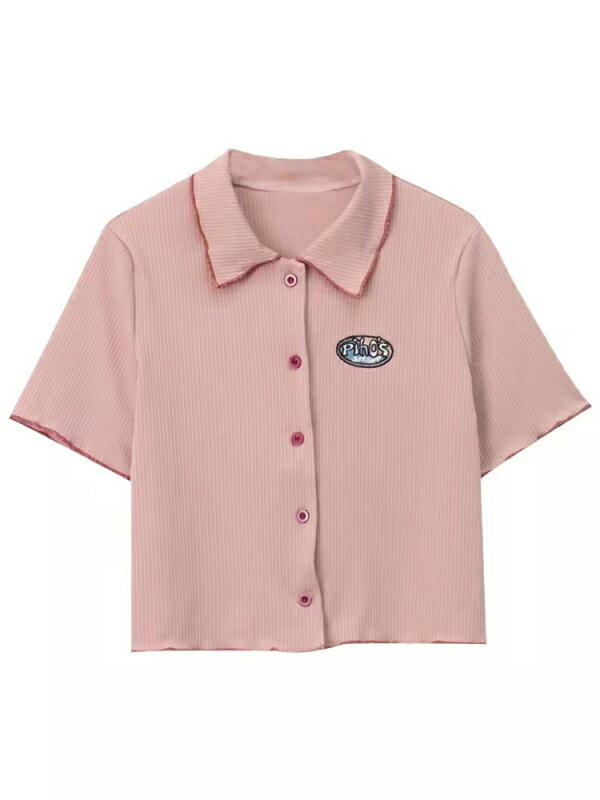 夏季開衫繡花粉色polo領短袖別致洋氣減齡上衣ins,現貨,上衣