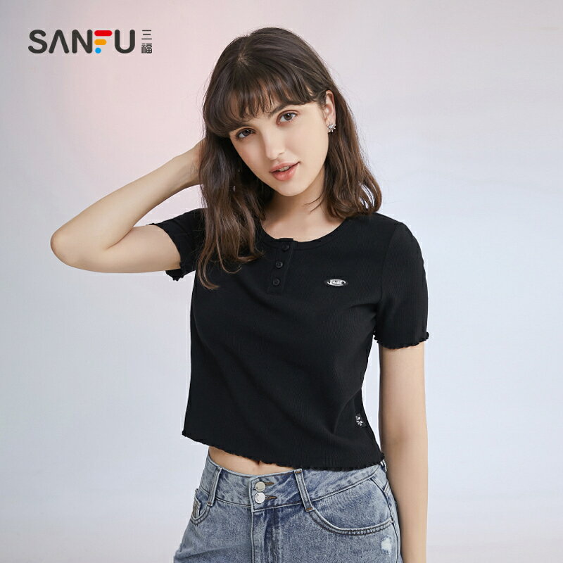 三福上衣夏季新韓版字母排扣休閑條紋修身短袖款T恤女439752