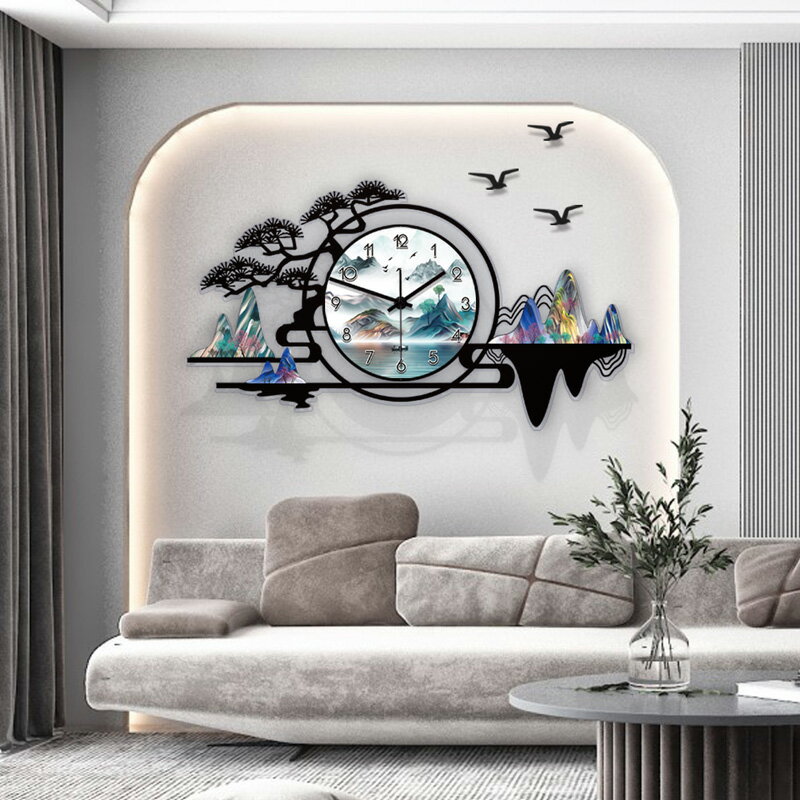 新中式鐘表掛鐘客廳靜音墻面裝飾山水中國風現代簡約時鐘時尚家用
