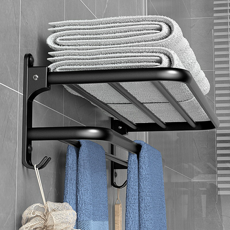 浴室毛巾架免打孔衛生間置物架壁掛式可折疊浴巾收納架太空鋁批發