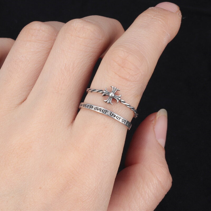 925純銀雙層十字架簡約戒指女復古開口百搭個性編織寬版食指指環