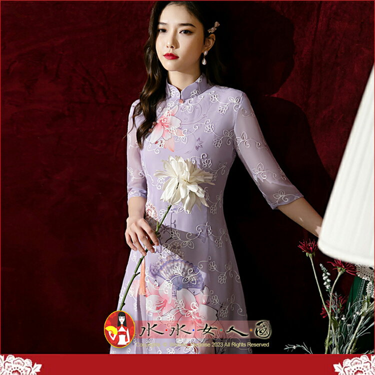 雪紡繡花七分袖旗袍 M-4XL加大 復古中國風經典改良式時尚修身超顯瘦A擺奧黛日常連身裙洋裝～美麗優雅風。百合(紫色)。水水女人國