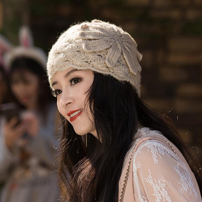 帽子復古優雅大花朵鏤空馬海毛手工針織帽包頭毛線帽女保暖帽冬季新款【倪醬】