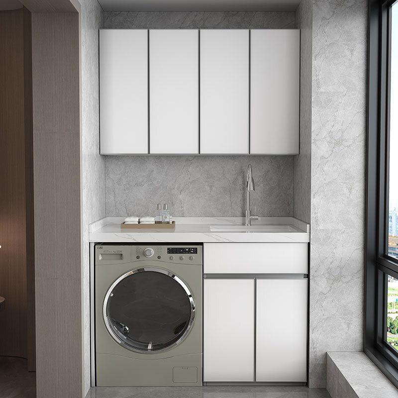 【含稅/免運】 陽臺洗衣櫃組合巖板臺面陶瓷水槽洗衣機一體櫃太空鋁洗衣臺盆