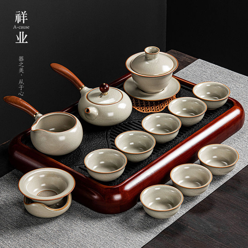 茶具套裝 祥業米黃汝窯茶具套裝家用辦公室泡茶器全套茶壺杯陶瓷茶盤一整套-快速出貨
