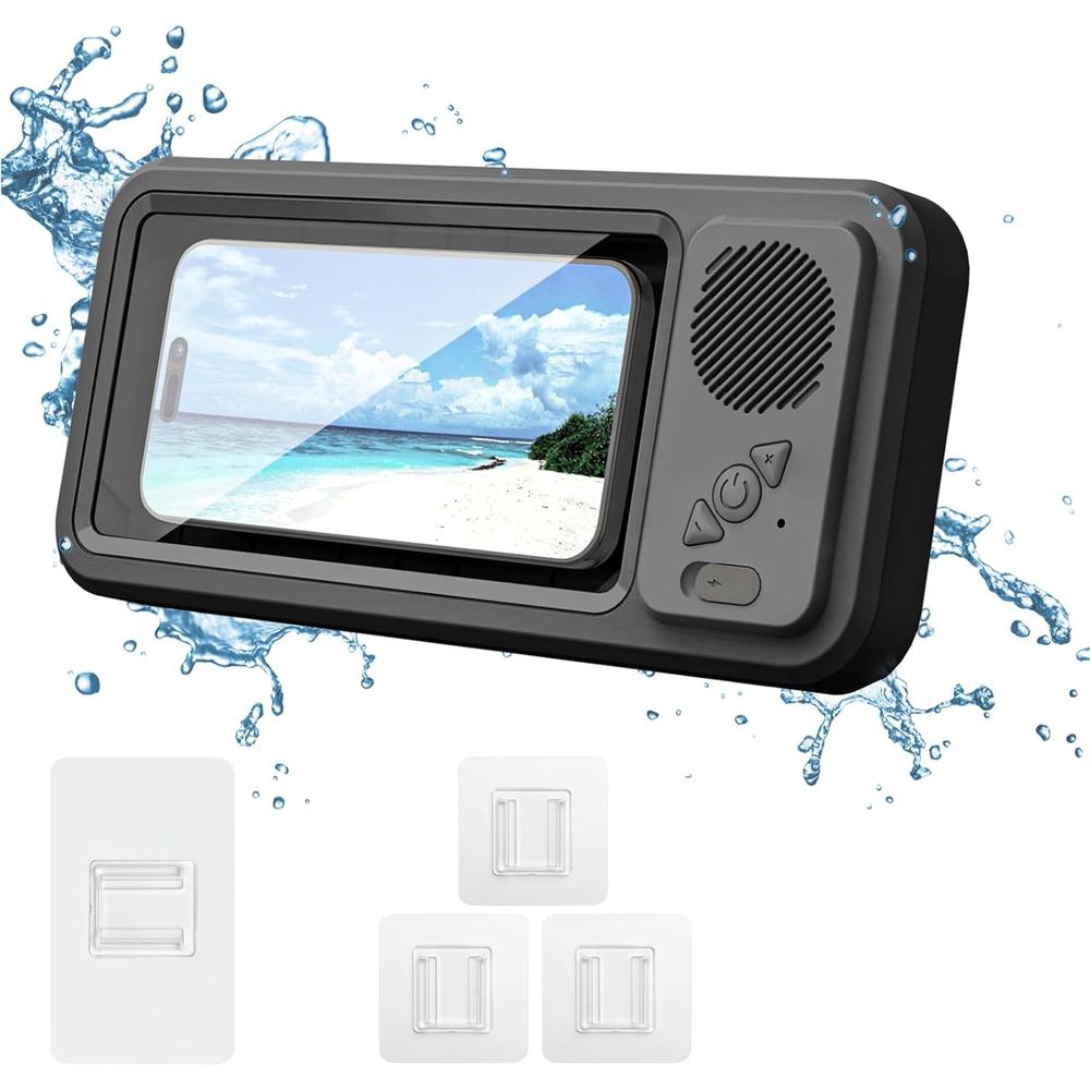 【日本代購】Umimile 浴室用手機防水殼｜藍牙音箱＋壁掛＆磁吸設計｜IPX5 防水｜觸控｜角度可調｜適用 16 公分內手機 黑色