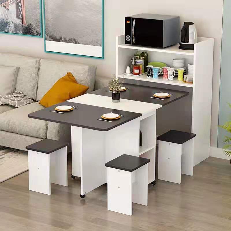 餐桌家用小戶型餐桌邊柜組合可移動伸縮長方形折疊桌簡易吃飯桌子