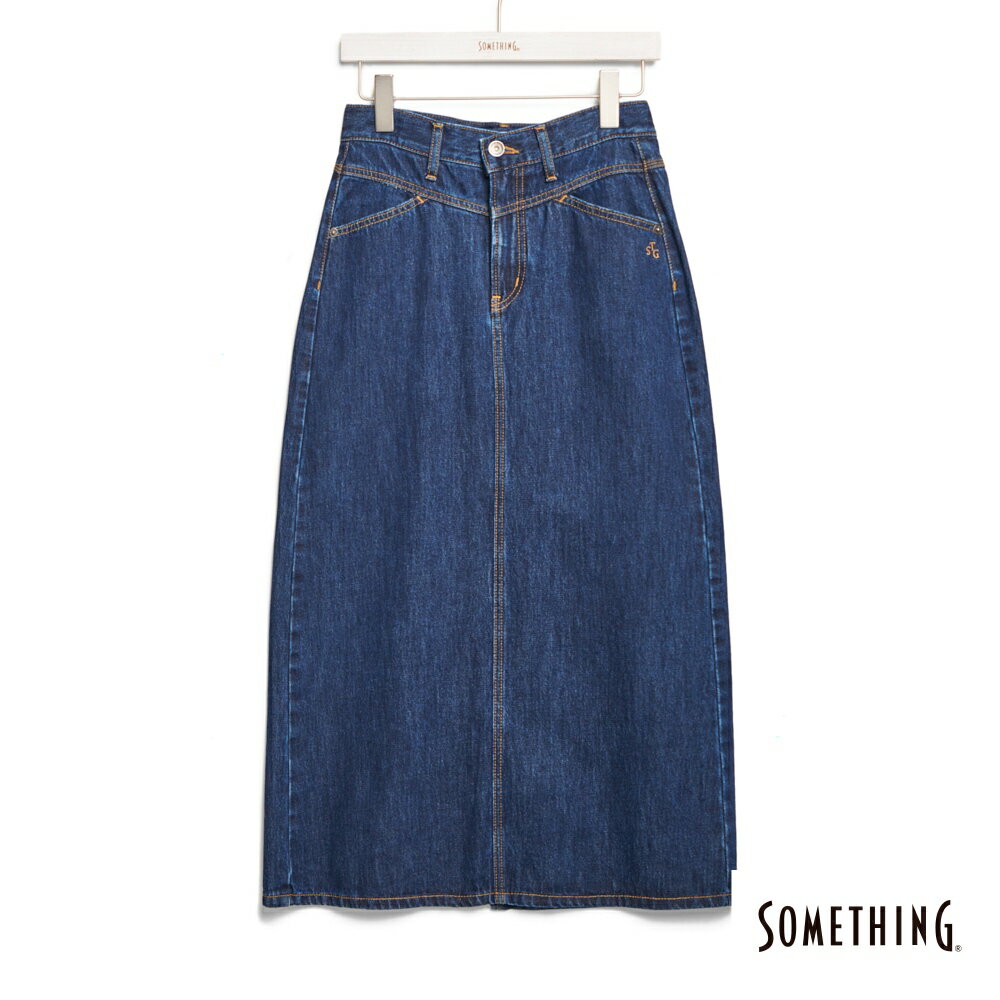SOMETHING 女款 激腰後開岔牛仔長裙 (酵洗藍)