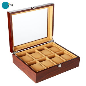 高檔木質多位手表盒帶鎖10位手鏈鐲珠寶收納開窗展示盒首飾收藏箱
