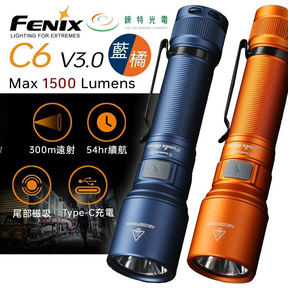 【錸特光電】FENIX C6 V3.0 1500流明 高性能直充手電筒 USB-C充電 尾部磁吸 18650電池 工作燈