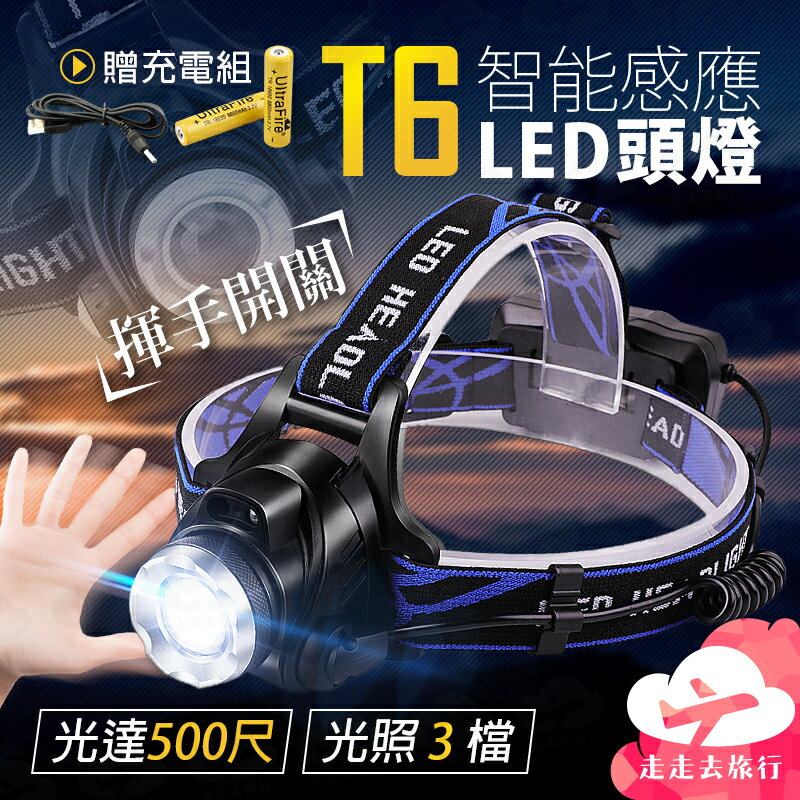 [贈充電組] T6智能感應LED頭燈 多段探照燈 頭戴充電式工作燈 戶外露營頭戴照明【EG503】99750走走去旅行