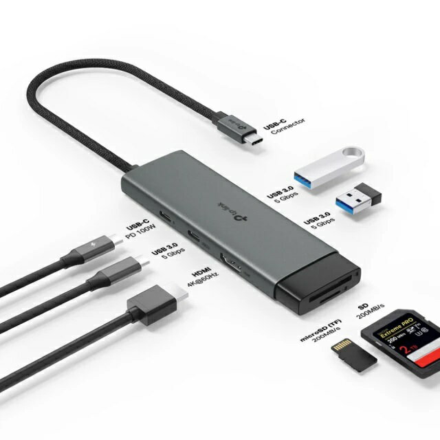 TP-Link UH7020C Type-C七合一集線器HUB轉接器 7埠USB-C隨插即用編織線 支援iOS 18cm