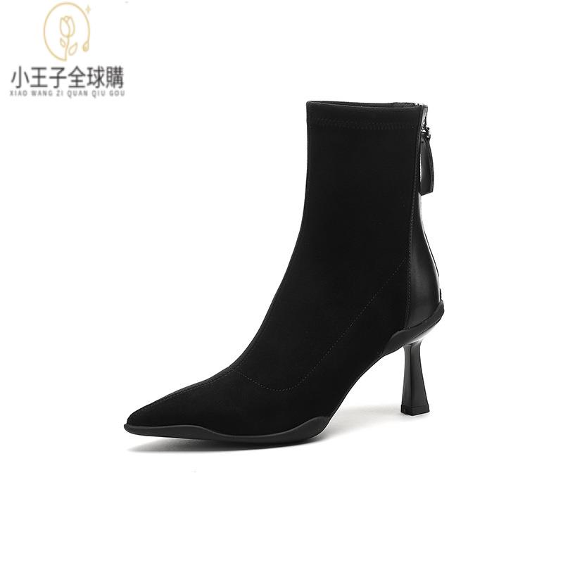 【公司現貨速發】免運 開發票 小短靴 堆堆靴 真皮女鞋 羊皮鞋 小皮鞋 樂福鞋法式年新款秋冬高跟鞋尖頭軟底彈力瘦瘦靴細跟短靴子女 定製