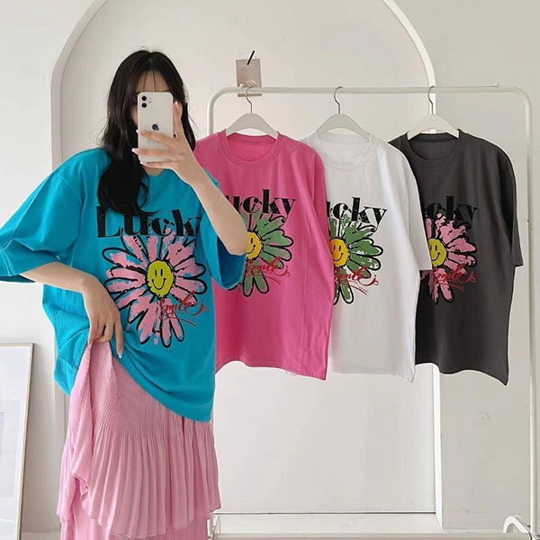 ANNAS 正韓 笑臉小花 短袖T 上衣 棉T 寬鬆 長版 印花 潮流 微笑 花朵 韓國 2