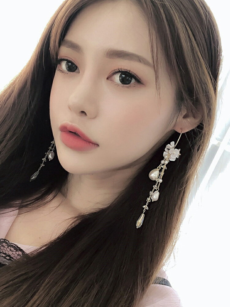 韓國仙女耳環超仙長款流蘇耳飾網紅輕奢氣質花朵珍珠耳釘女1入