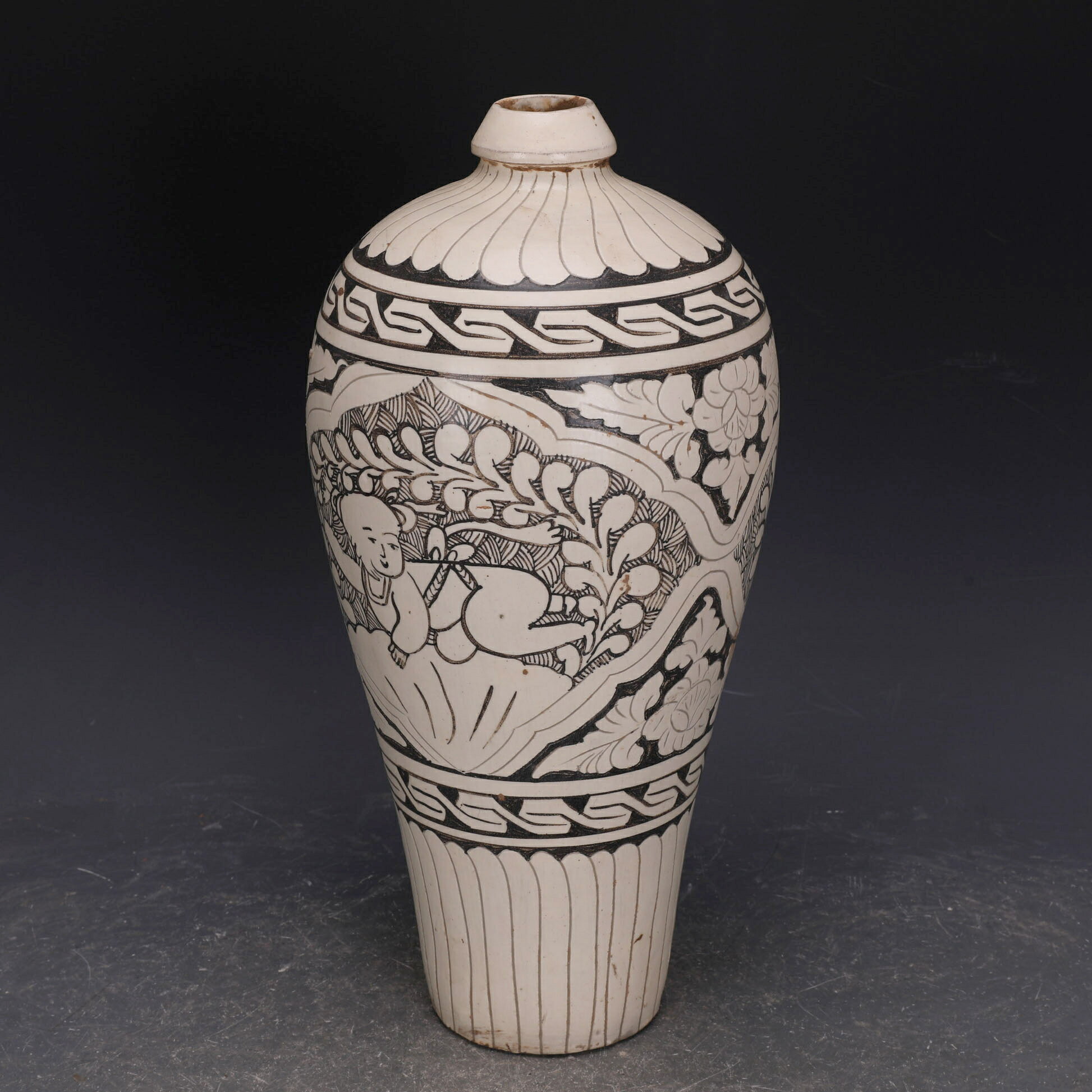 宋磁州窯彩繪蓮花戲嬰圖梅瓶出土老貨仿古瓷器古玩古董復古擺件