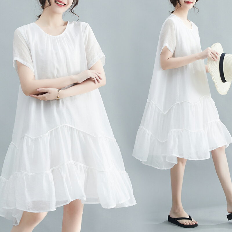 【免運】朝暮心居| 洋裝 白色連身裙女新款夏季中長款寬松顯瘦百搭設計感小眾壓褶裙子