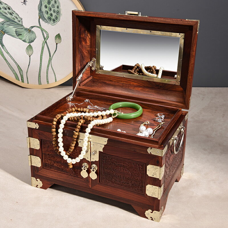 免運 首飾盒飾品收納盒 明清古典贊比亞紫檀紅木首飾收納盒帶鎖中式陪嫁妝禮品結婚首飾盒