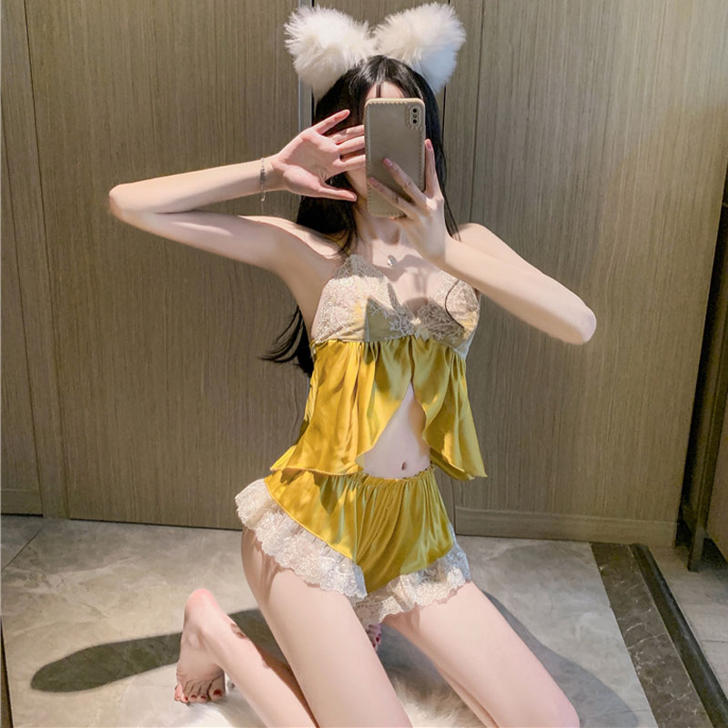 格格家 夏季性感情趣睡衣誘惑吊帶露肚臍+蕾絲邊短褲睡褲兩件套潮