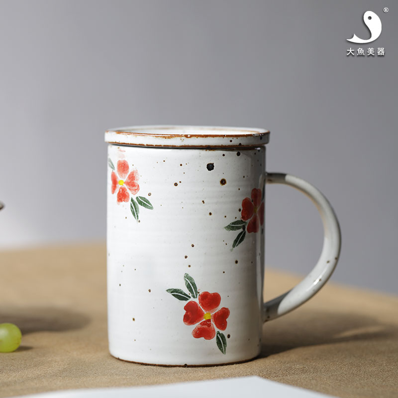 粗陶手繪陶瓷家用可愛咖啡杯水杯創意日式馬克杯復古杯子帶蓋辦公1入
