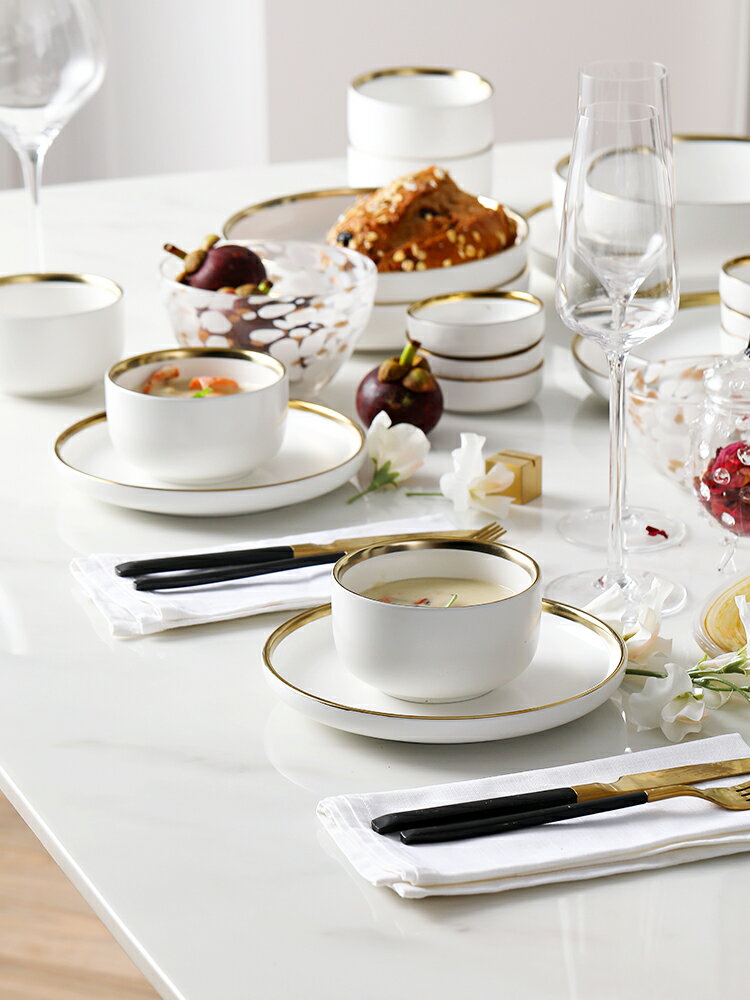 朵頤北歐MT創意輕奢餐具套裝 金邊碗盤組合陶瓷湯碗家用過年碗筷1入