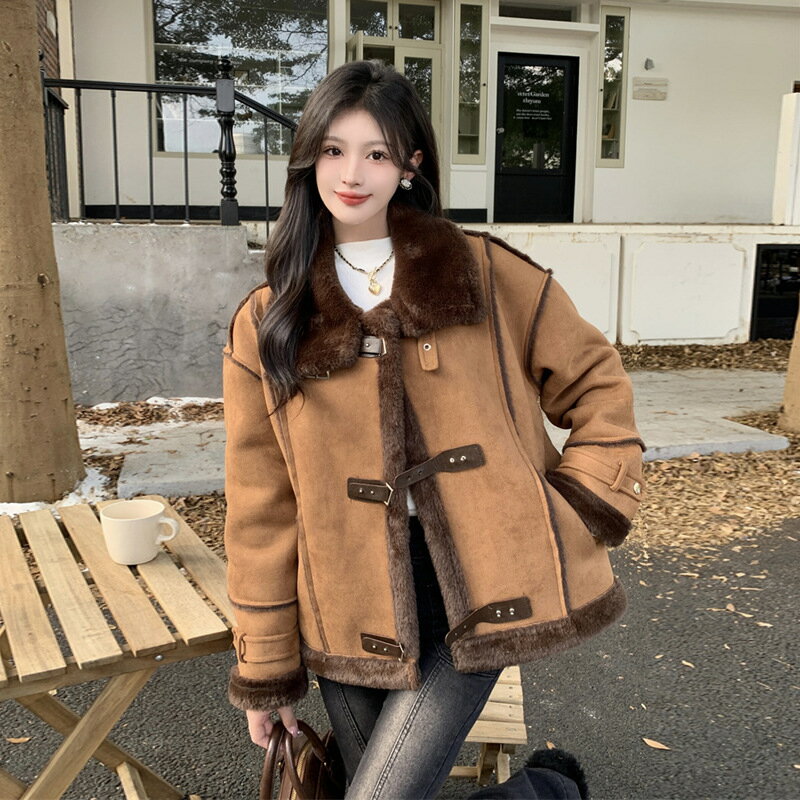 羊羔毛外套麂皮絨大衣-皮毛一體加厚皮扣環女外套74hj10【獨家進口】【米蘭精品】
