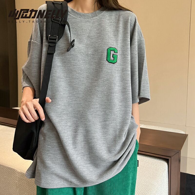 ins華夫格短袖t恤男女夏季運動透氣圓領純白色打底衫男士上衣bf風