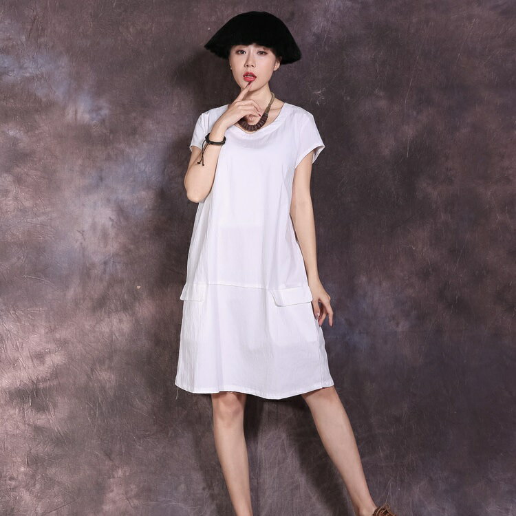 現貨+預購 連身裙短袖洋裝連衣裙-圓領純棉大口袋純色女長裙2色73vu21【獨家進口】【米蘭精品】