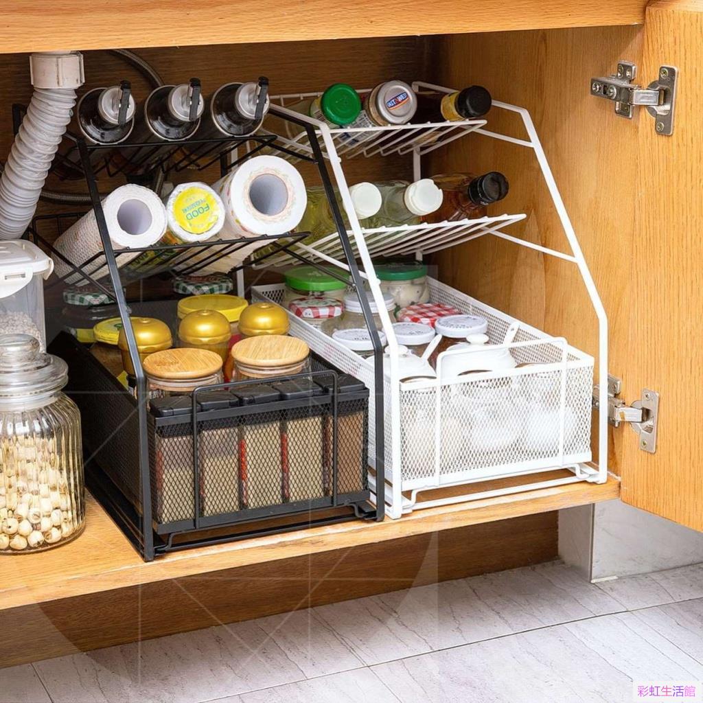 新品廚房下水槽置物架推拉抽屜式調料架子伸縮分衛生間用品收納神器