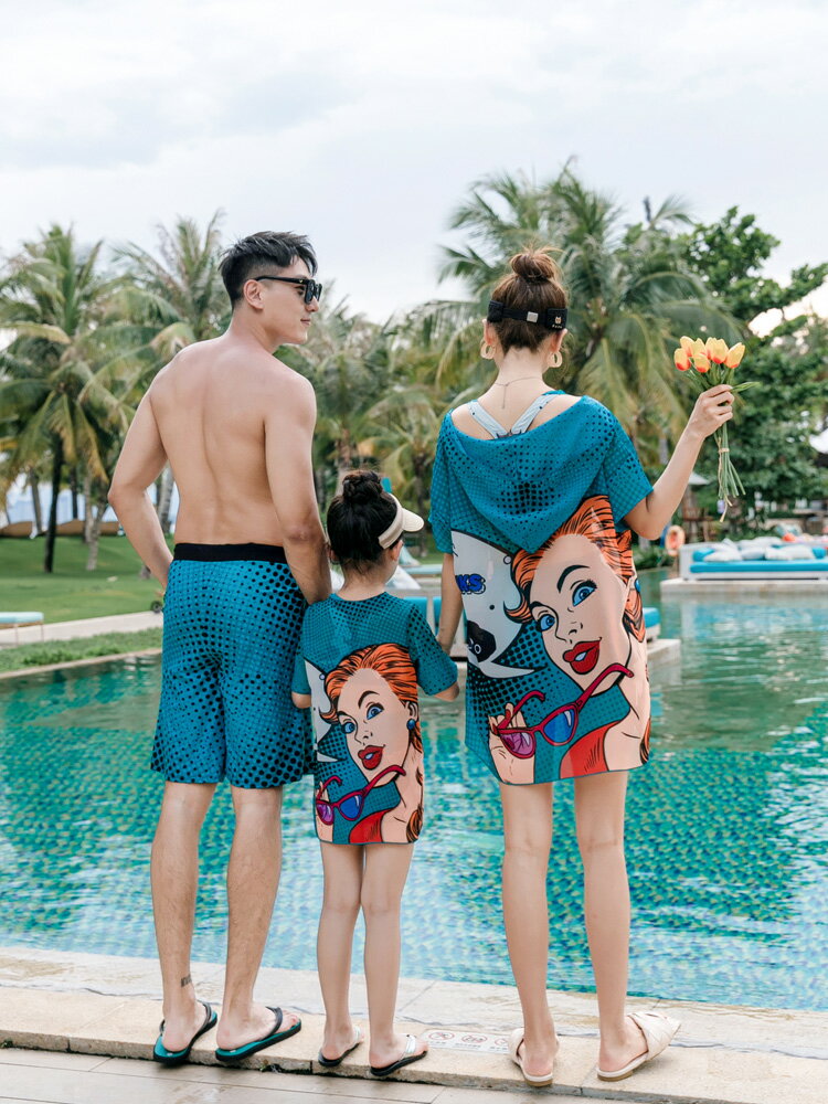 子泳衣母女分體平角三件套防曬兒童游泳衣一家三口子家庭