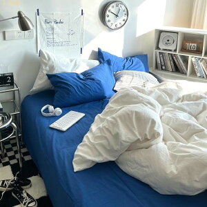 8色 新款ins風撞色雙拼舒柔棉床包四件組 絕美克萊因藍 裸睡床包被套組 雙人床包組加大雙人床包組 床單組床罩組