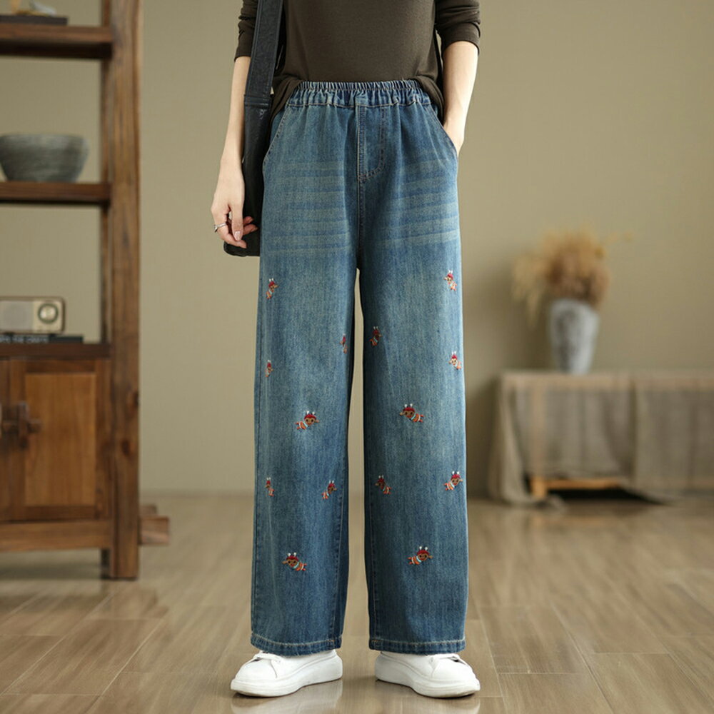 ＊ORead＊日系森女刺繡小蜜蜂水洗棉牛仔褲(藍色M~XL)【限定加碼✿全館滿額再折】