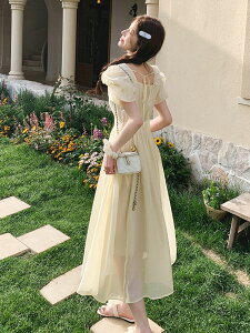 夏季甜美泡泡袖氣質名媛仙女超仙裙子洋裝高級感連身裙女