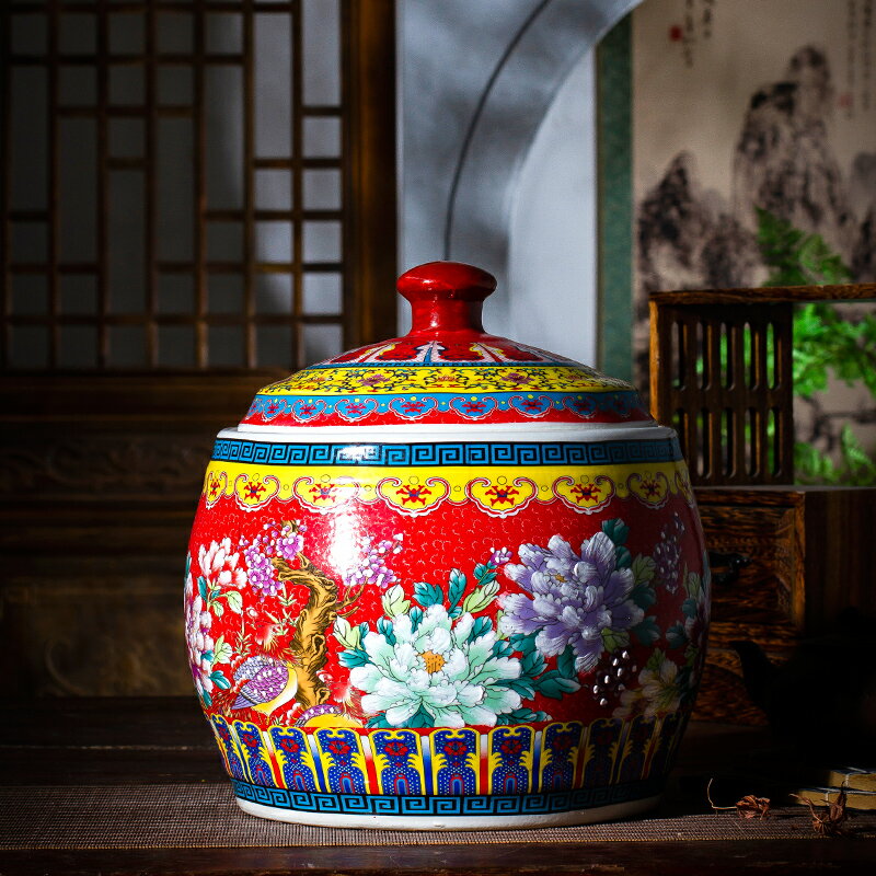景德鎮陶瓷米缸帶蓋家用客廳擺件密封中式琺瑯彩20斤裝飾品儲物罐