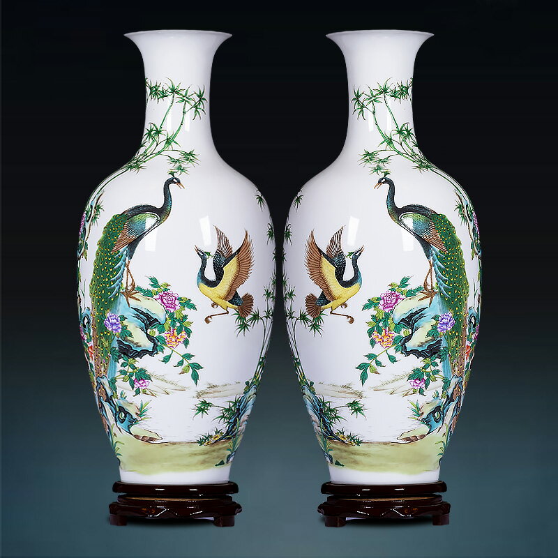 景德鎮陶瓷器粉彩孔雀花瓶對瓶中式家居裝飾品客廳插花工藝品擺件