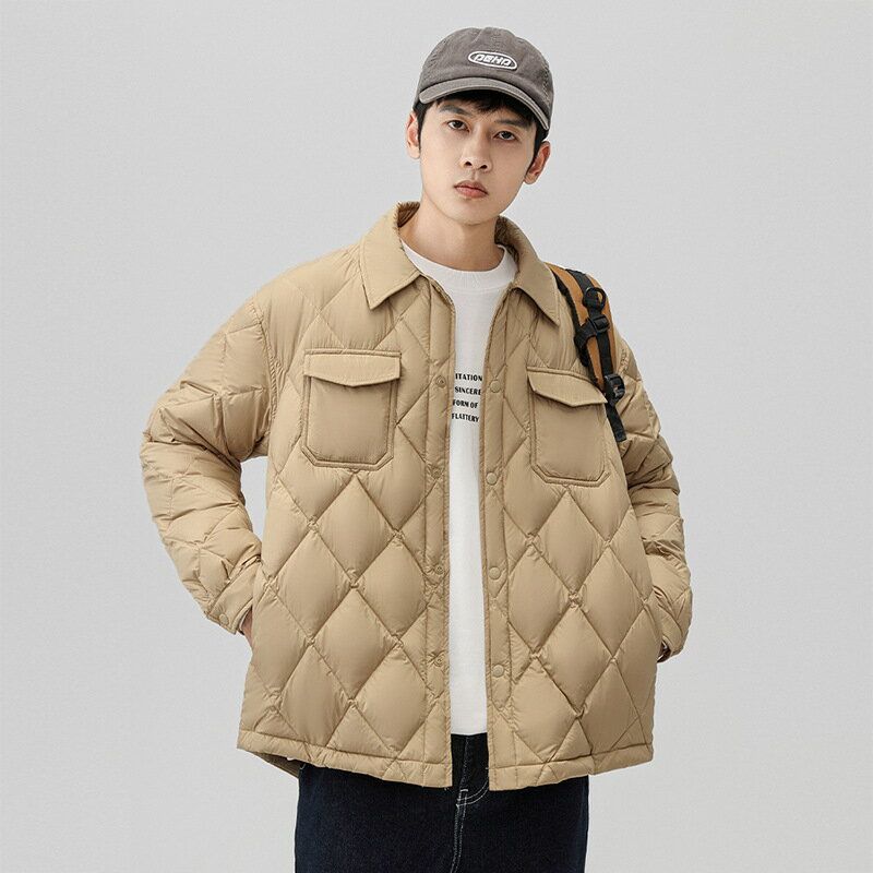 真 羽絨90%鴨絨 羽絨外套鴨絨夾克-翻領短版菱格男外套3色74it7【米蘭精品】【獨家進口】