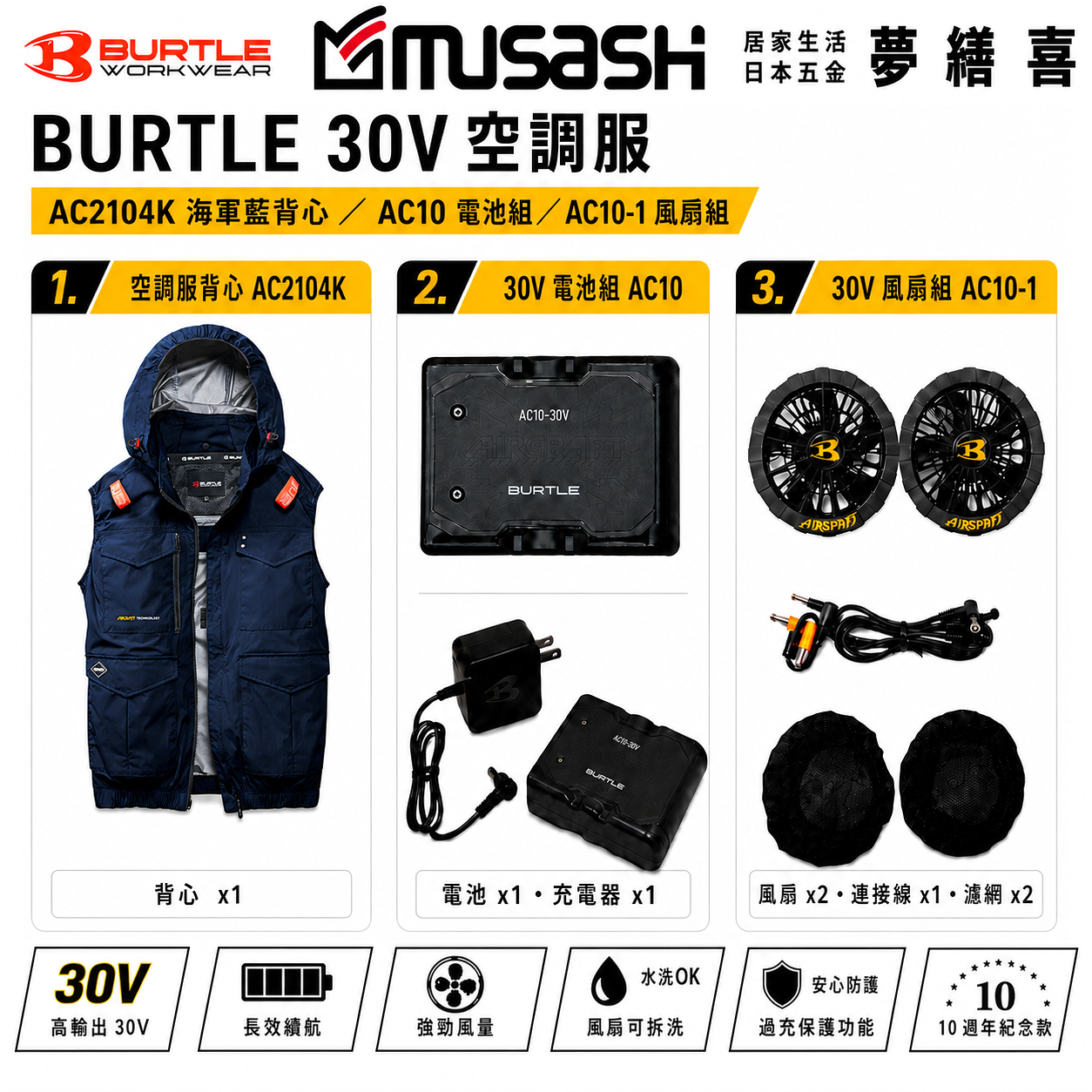 BURTLE 空調服背心 藍色 AC2104K 上背風扇 套裝組 AC10 30V電池 30V風扇 巴特雷 作業服 戶外 降溫 露營 爬山 施工 工程作業 通風衣