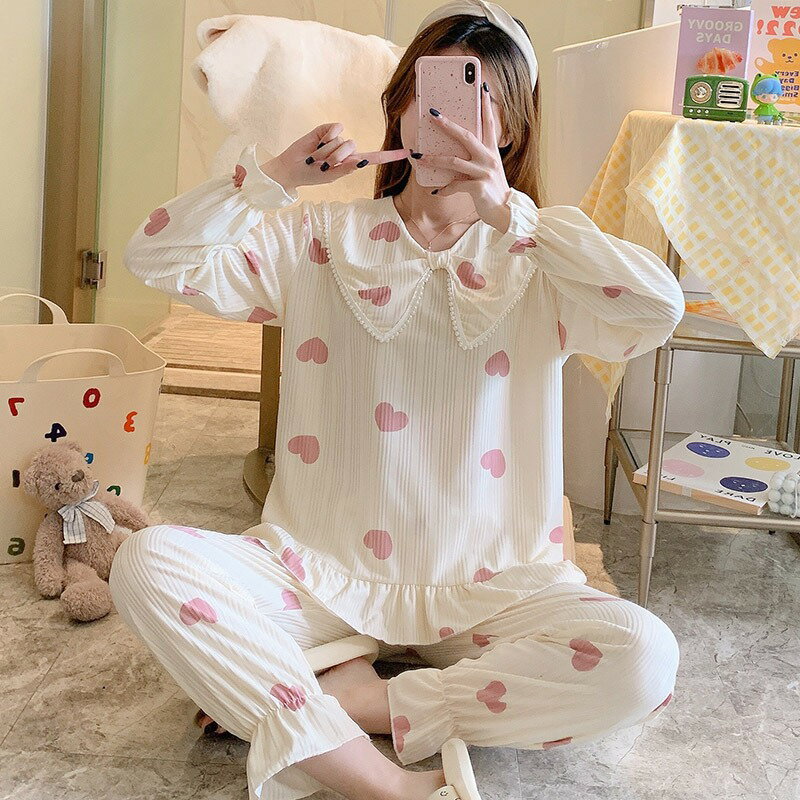 娃娃領睡衣女日系可愛甜美公主風小個子休閑長袖坑條家居服兩件套