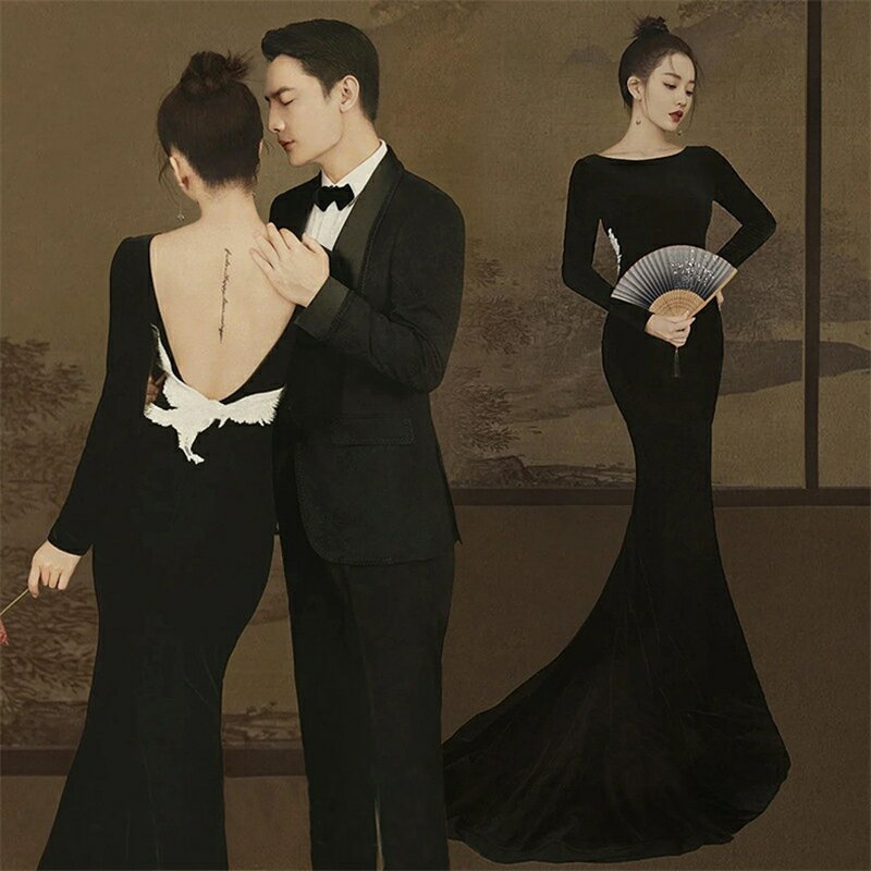 影樓主題服裝黑色絲絨中國風工筆畫露背情侶婚紗魚尾拍照寫真禮服
